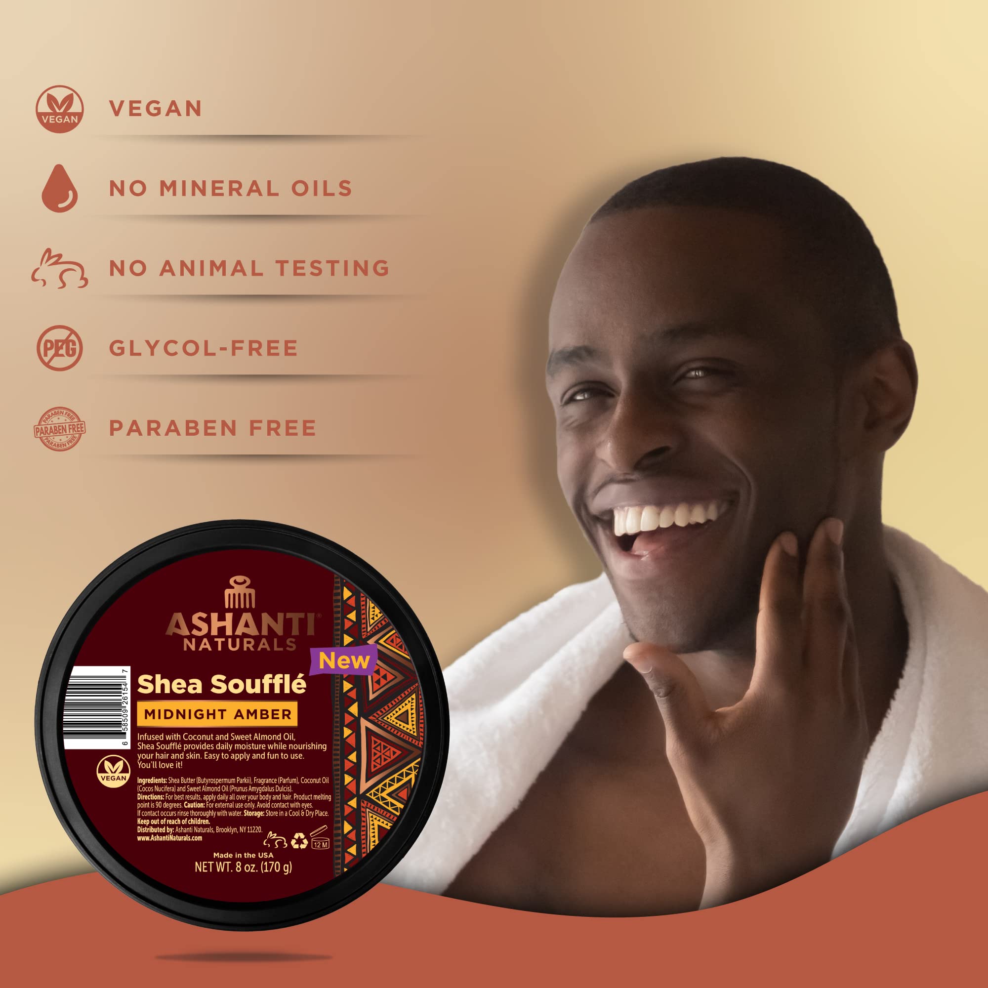 Ashanti Naturals Scented Whipped Shea Butter | Unrefined Shea Butter from Ghana, Coconut and Almond Oil | Creamy, Moisturizing, Soothing (Midnight Amber Souffle, 8 oz)