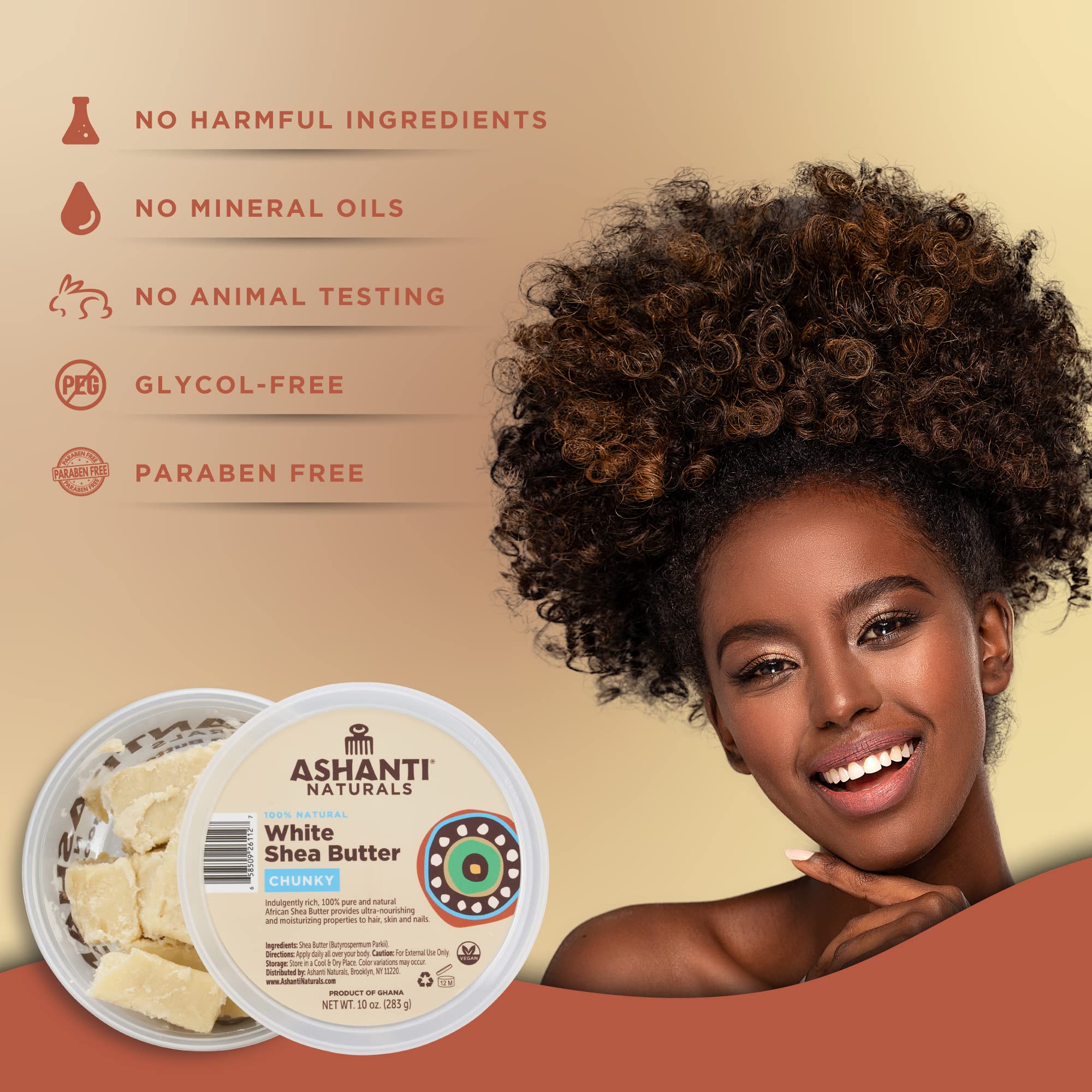 Ashanti Naturals White Chunky Raw Shea Butter | Unrefined African Shea Butter from Ghana | 100% Natural Moisturizer, No Additives - 10 oz