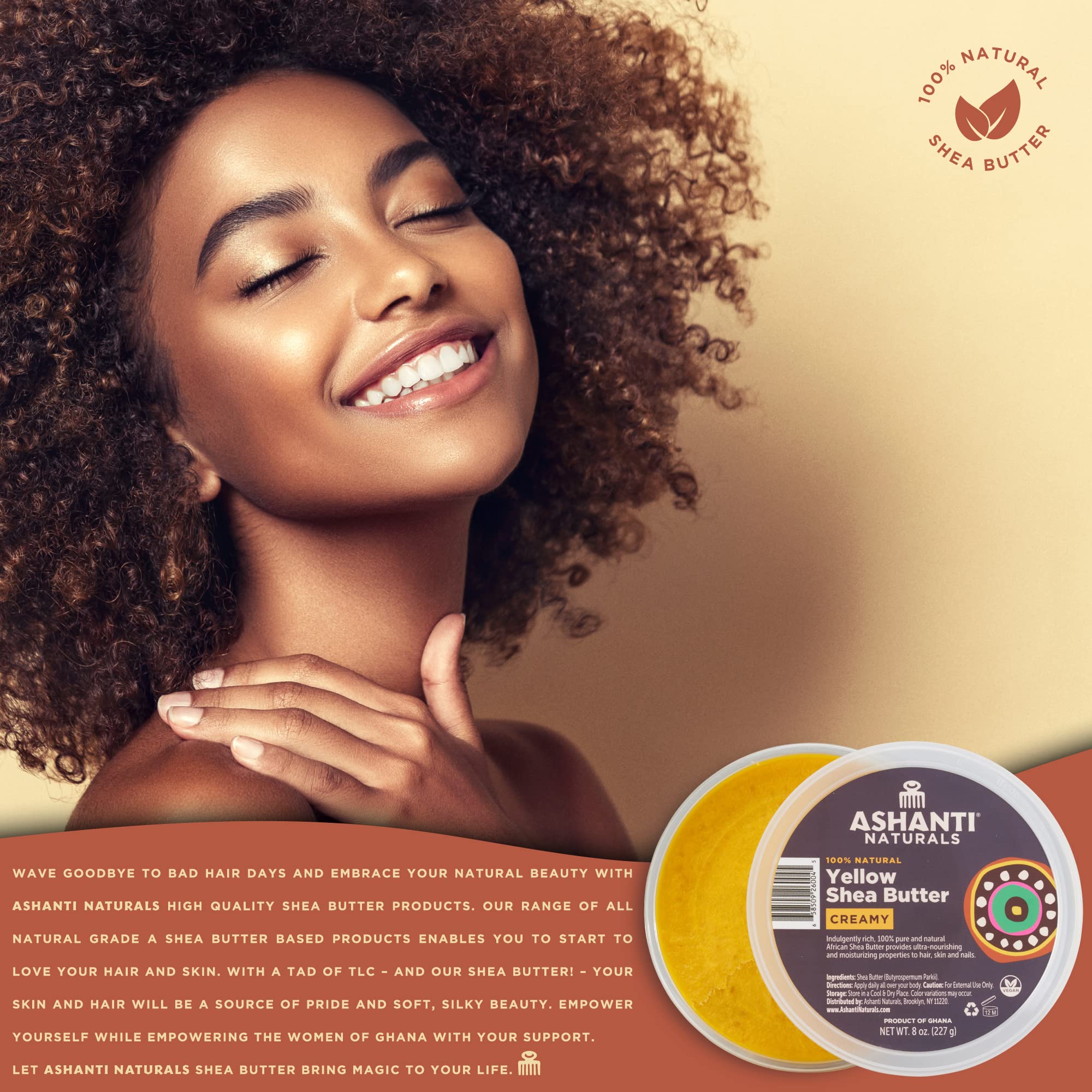 Ashanti Naturals Yellow Raw Shea Butter | Unrefined African Shea Butter | Creamy Moisturizer for Easy Application - 8 oz