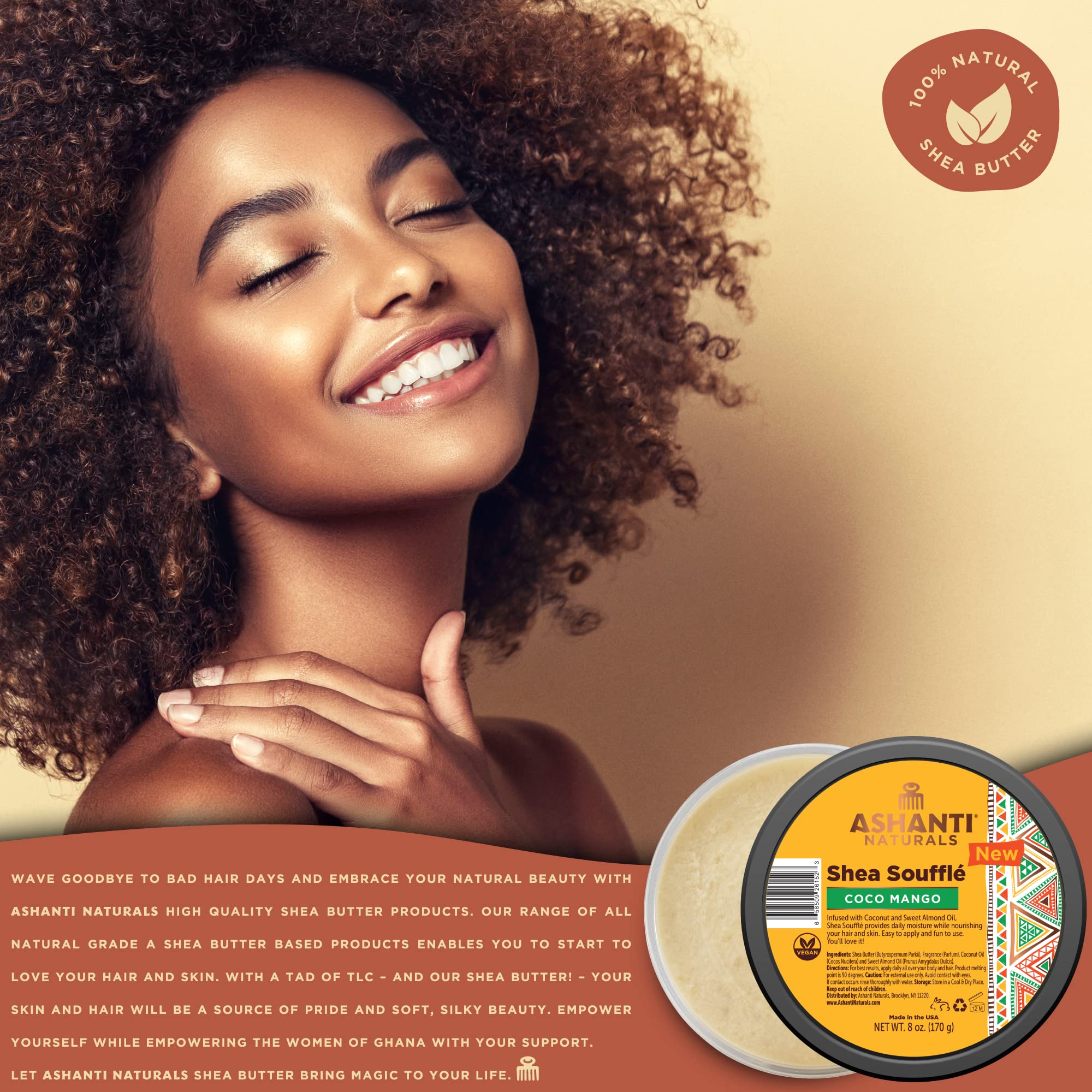 Ashanti Naturals Scented Whipped Shea Butter | Unrefined Shea Butter from Ghana, Coconut and Almond Oil (Coco Mango Souffle, 8 oz)