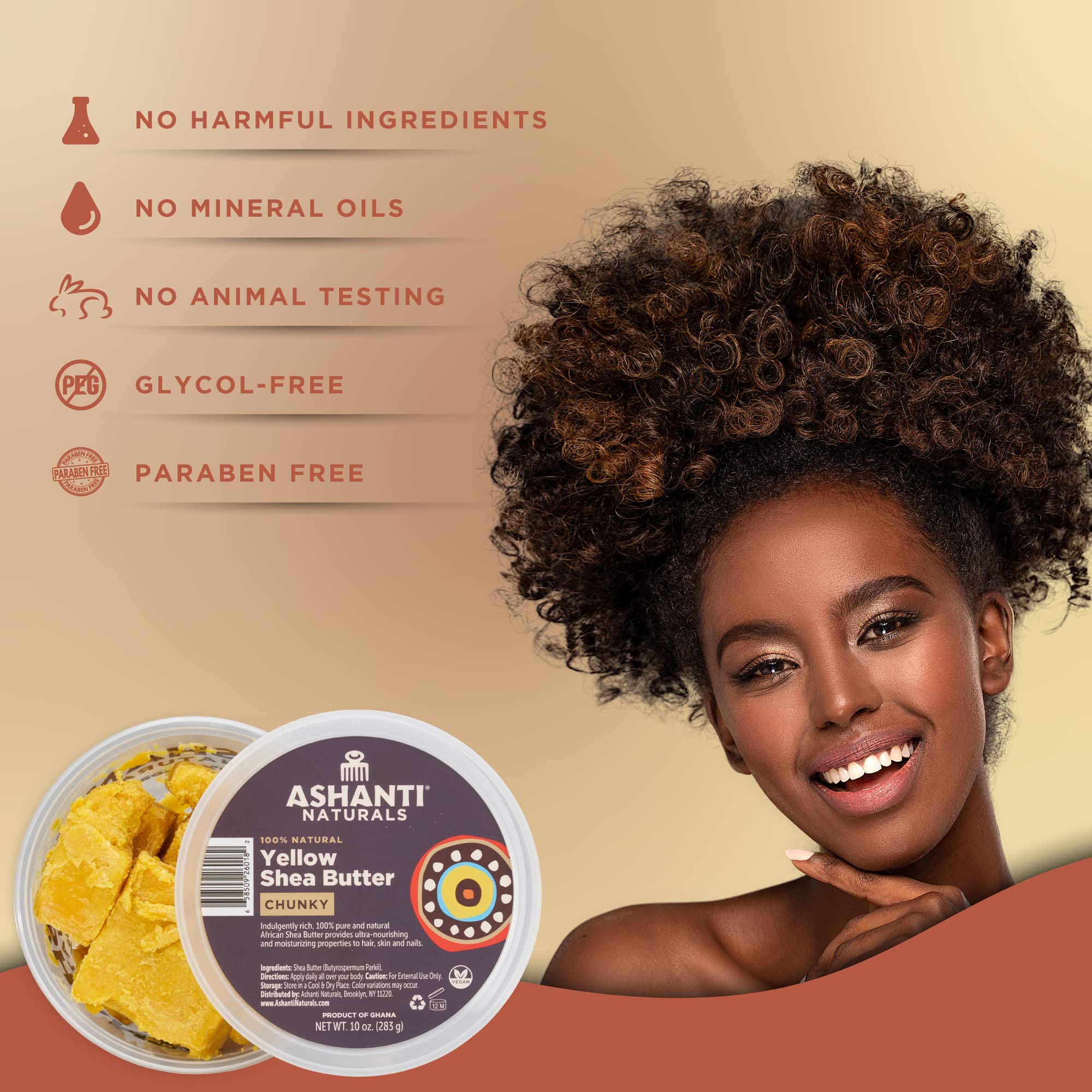 Ashanti Naturals Yellow Chunky Raw Shea Butter | Unrefined African Shea Butter from Ghana | 100% Natural Moisturizer, No Additives, Moisturizing, Nourishing - 10 oz