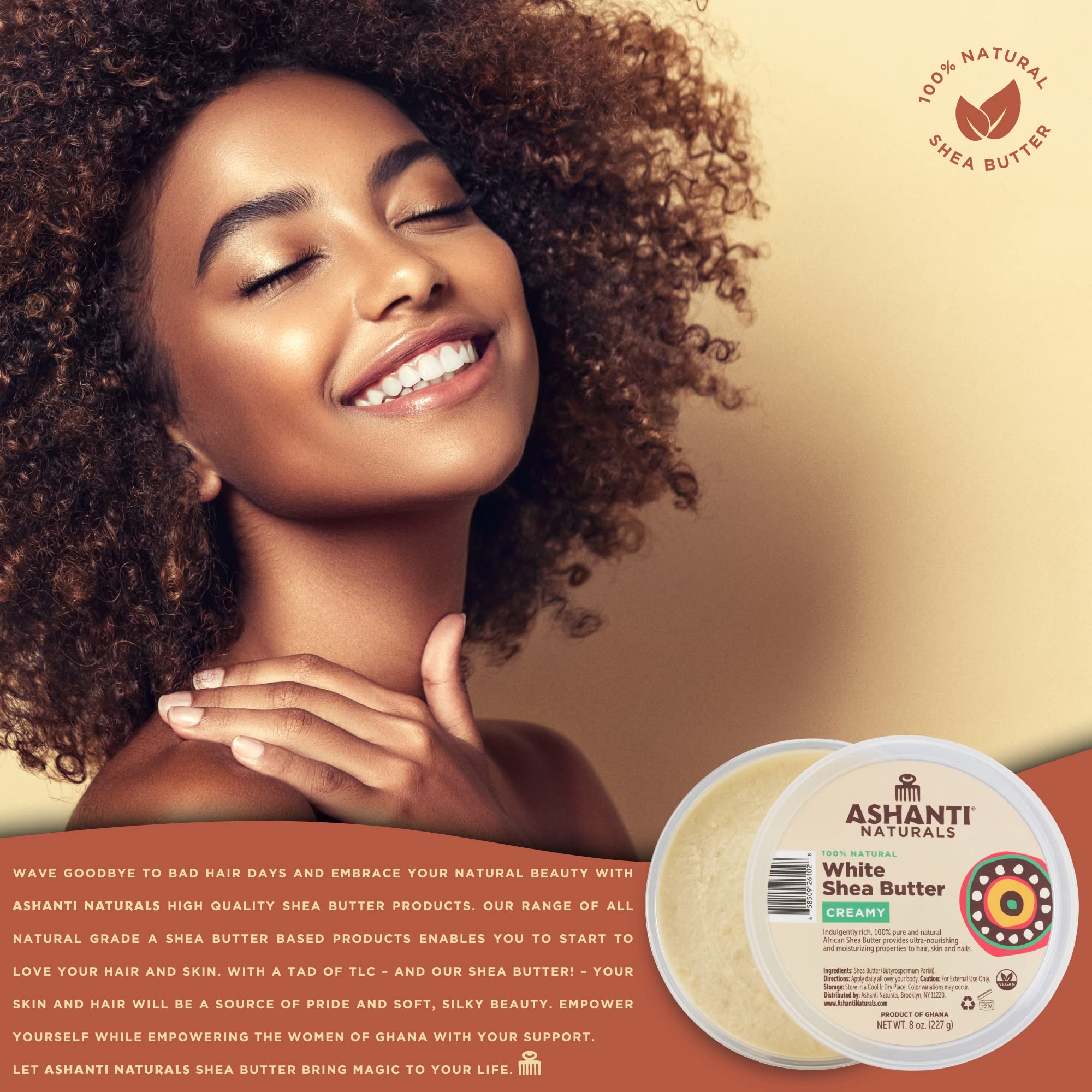 Ashanti Naturals White Raw Shea Butter | Unrefined African Shea Butter | Creamy Moisturizer for Easy Application - 8 oz